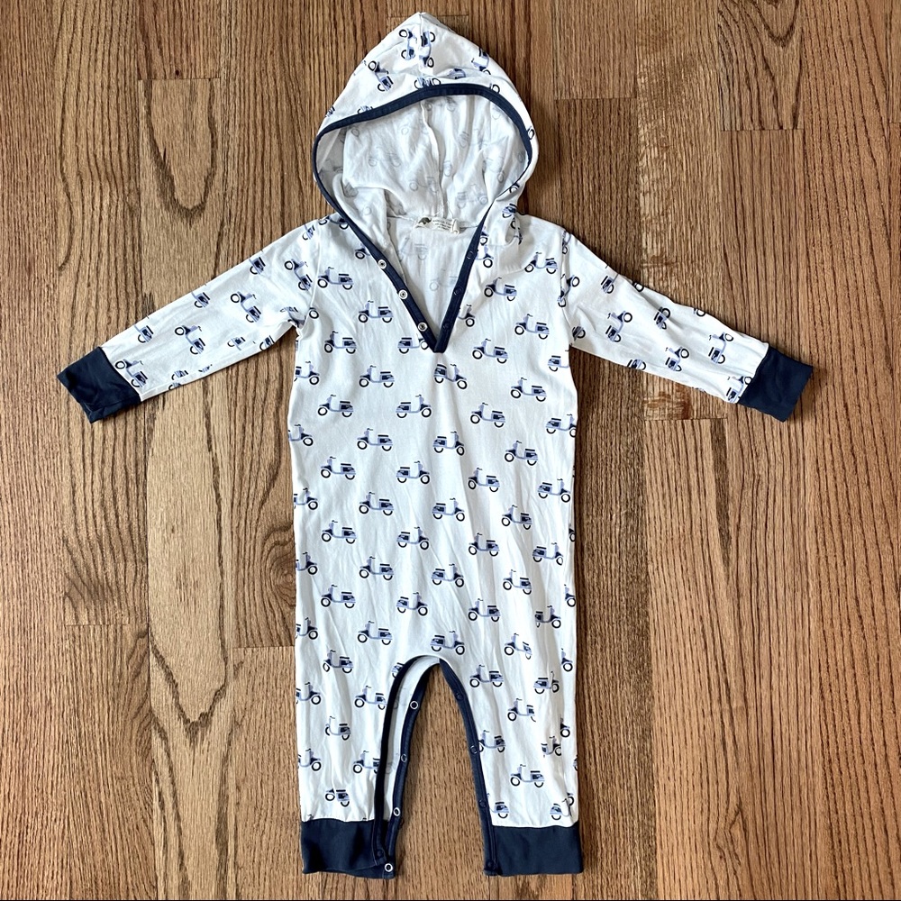 EUC Monica + Andy moped scooter print hooded romper